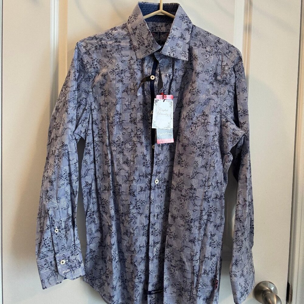 English Laundry Shirt Mens Medium Blue Floral Print Casual Button-Down Shirt - Picture 2 of 4
